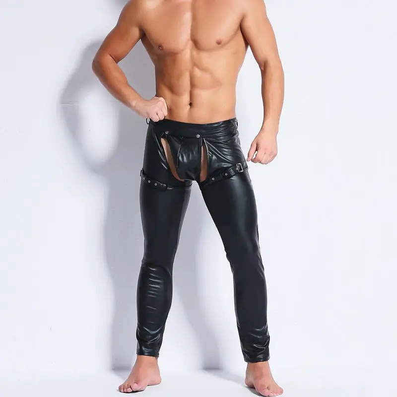 

Men's Faux Leather Exotic Long Pants Sexy Gays Fetish Wet-look Long Johns Trousers Club Dancer Slim Tight Trousers 2018 Fashion
