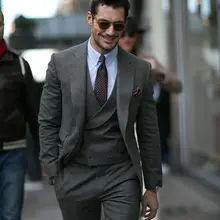 Последний дизайн пальто брюки Итальянский стиль серый Твид жениха смокинги для жениха Сделанные на заказ Slim Fit Мужские свадебные костюмы(куртка+ брюки+ жилет