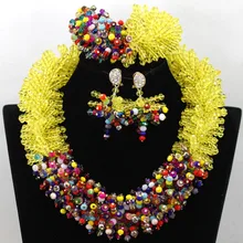 Великолепная желтая и разноцветная смесь кристаллов Свадебные бусы эффектное ожерелье, набор в нигерийском стиле массивный костюм ювелирные изделия WA536