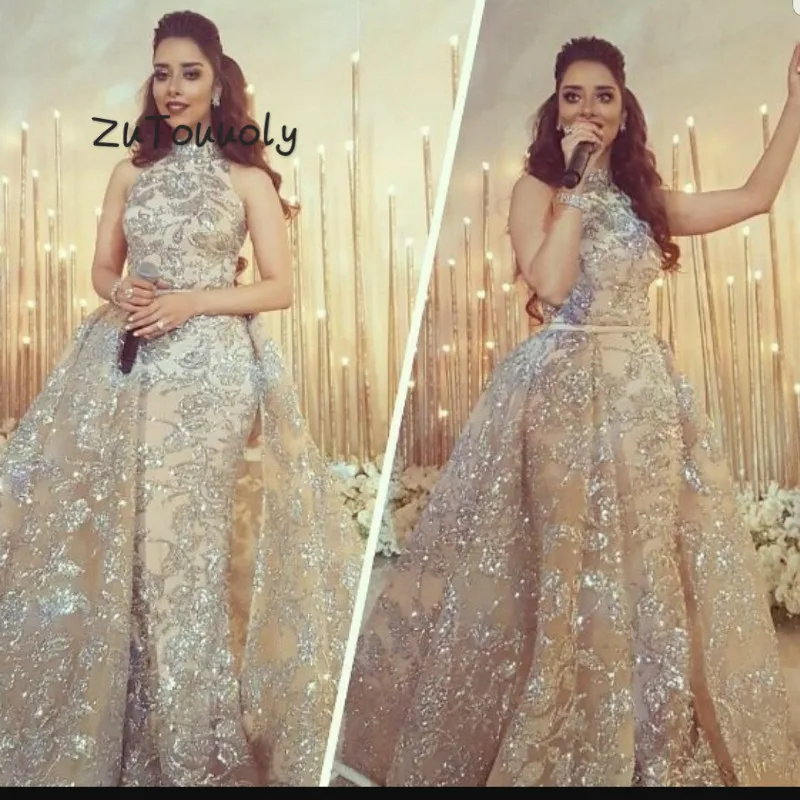 Spark Дубай арабское вечернее платье со съемным шлейфом с высоким воротом Русалка Блестки выпускное платье юбка плюс размер турецкое платье