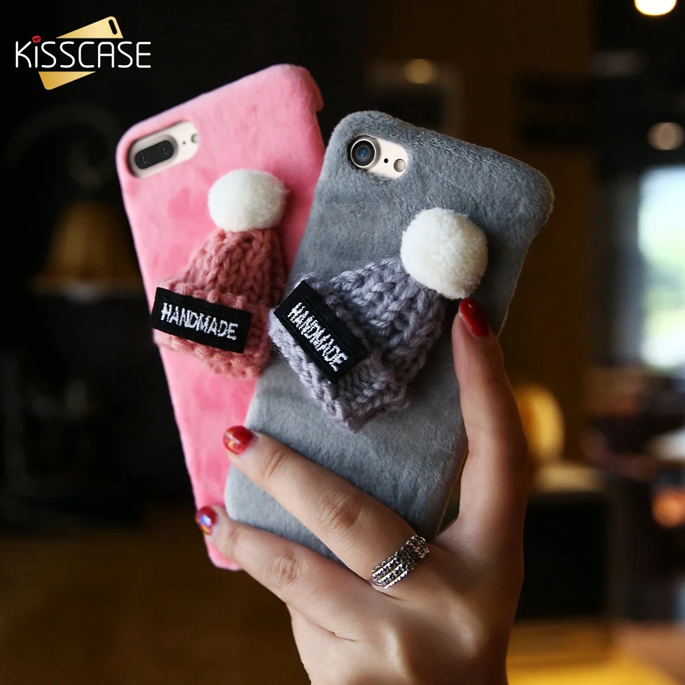 Kisscase Плюшевая обложка для iPhone 6 6S 7 8 Plus 5S SE Смазливая вязаная шляпа Плюшевые чехлы 5