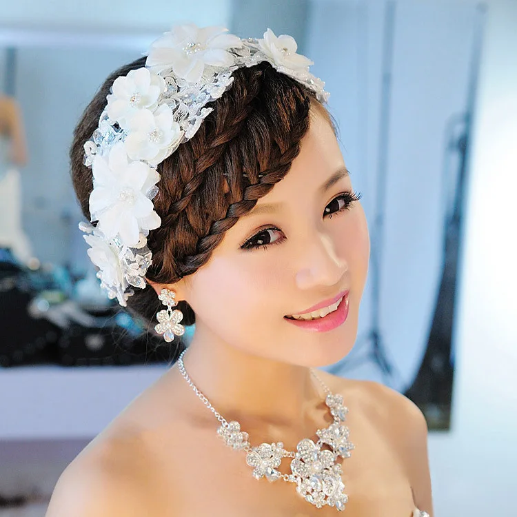 Encanto do casamento Hairwear Mulheres Rendas Artesanais Flores Brancas Casado Cocar de Noiva Imitação de Pérolas Acessórios de Cabeça para As Mulheres (7)