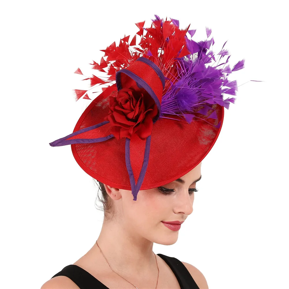 Elegant purple and red Feather Fascinator Wedding Bridal hairClip Hat for Party Cocktail Headpiece Lady Floral Pattern HeadWear