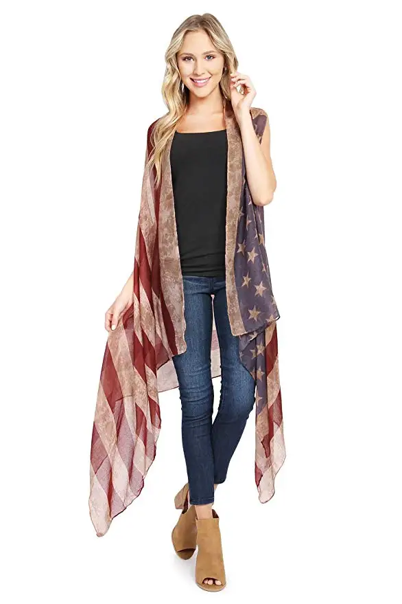 

American Flag Cardigan July 4th USA Stars and Stripes Pattern Lightweight Shawl Kimono Vest