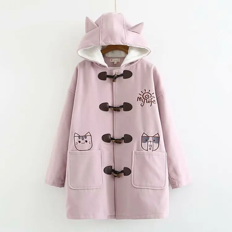 Pocket embroidery kitten horn button Thicken Woolen coat mori girl winter