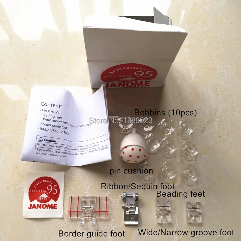 

Janome Sewing Machine Presser Foot, Beading feet, Border guide foot, Ribbon/Sequin Foot, Pin cushion, Bobbins, Made in Taiwan