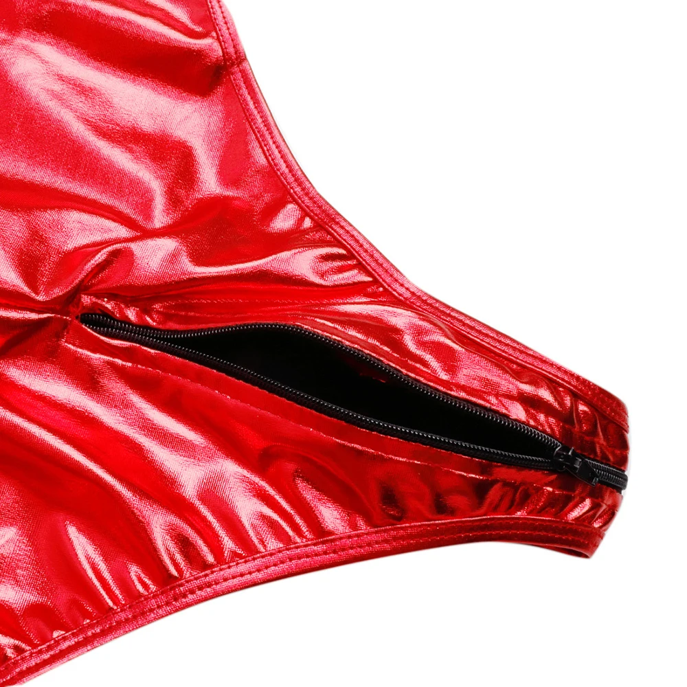 iEFiEL Sexy Womens Wetlook Bodycon Patent Leather Leotard Bodysuit with Zipper Crotch High Cut Dancewear for Nightclub Parties white bodysuit