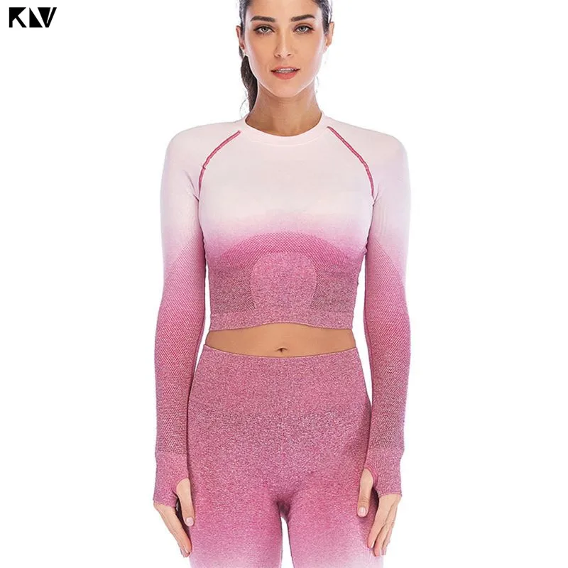 KLV Женский комплект из двух частей Фитнес Леггинсы Ombre бесшовный укороченный топы