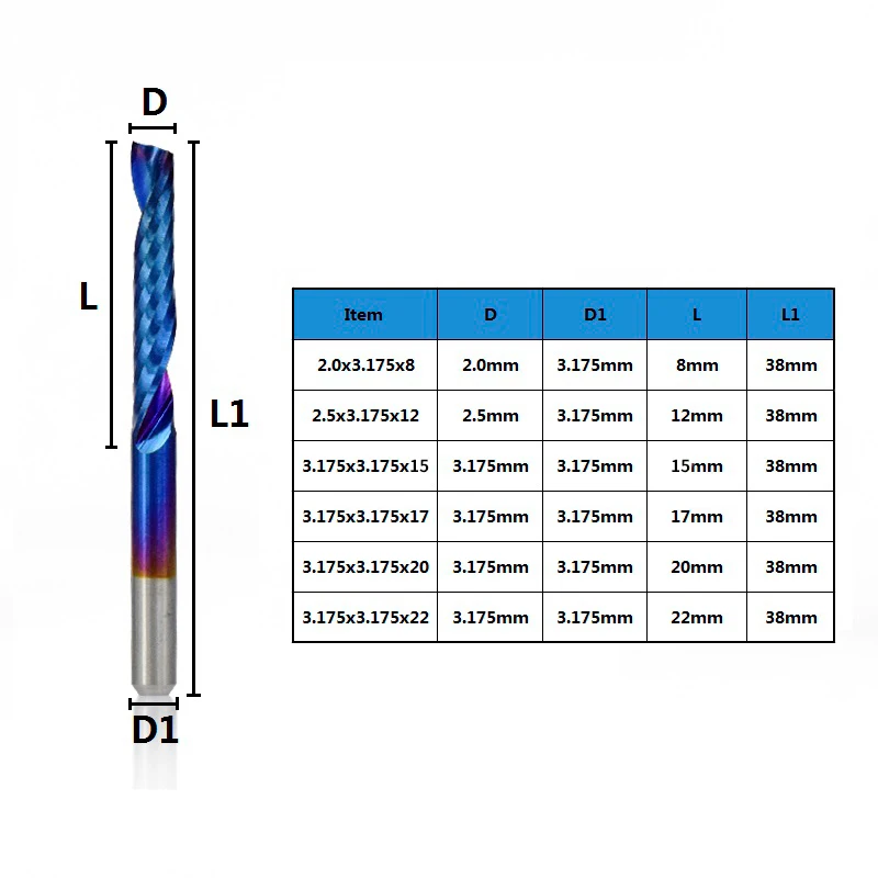 10 шт. 3,175 мм хвостовик 1 Флейта концевые фрезы Вольфрамовая сталь спиральные фрезы Nano голубое покрытие концевые фрезы cnc
