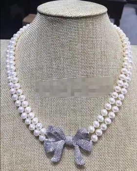 

Beautiful! 2row 18-19" 8-9mm white round freshwater pearl necklace - zircon bowknot earring set