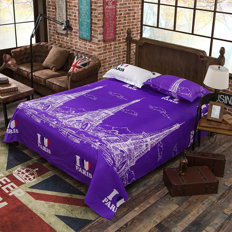 1 Piece Purple Color Flat Sheet Paris Eiffel Tower Print Bed Sheets For