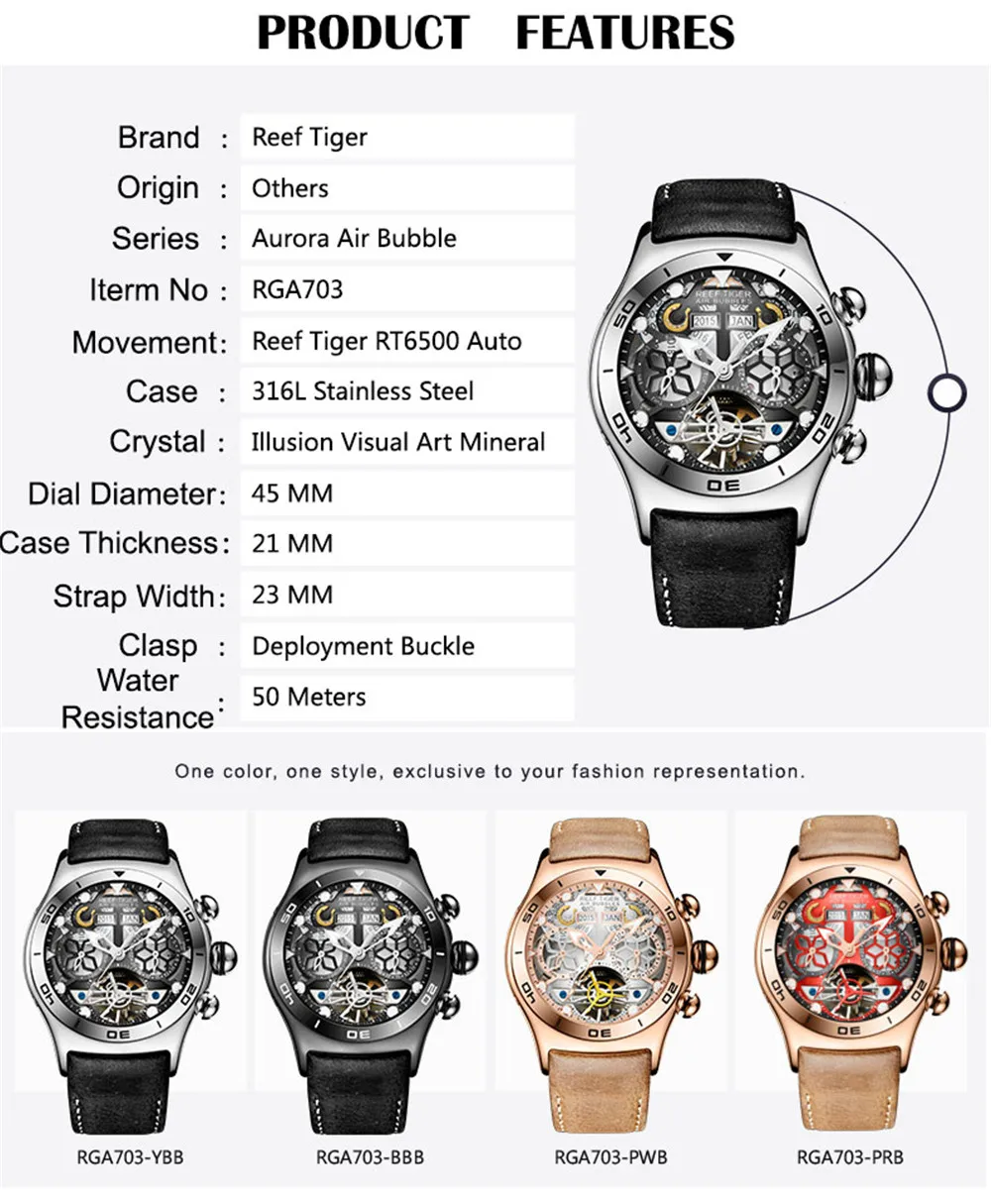 Reef Tiger мужские часы механические кожаные деловые автоматические часы Топ Роскошные водонепроницаемые часы мужские relogio masculino RGA703Y