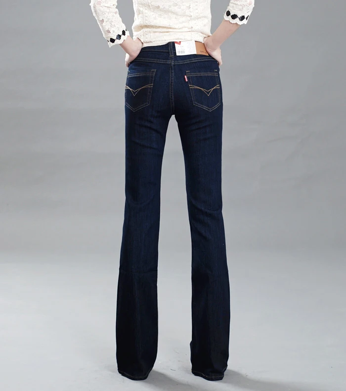 Акция, Женский Осенний звонок, низ, джинсы, короткие штаны, для офиса, для леди, средняя талия, длинные расклешенные брюки размера плюс 26-38 - Цвет: black blue 302