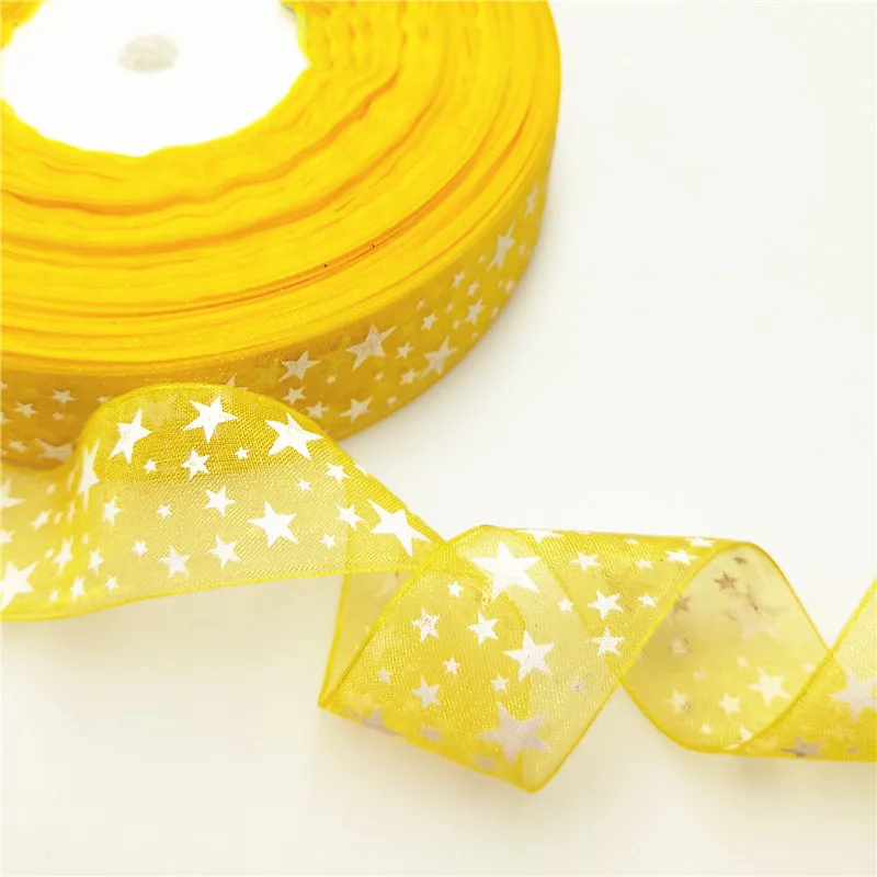 suoja 10Yards/lot 1"(25mm) Printed Star Organza Ribbon Hair Bow Wedding Christmas Decoration DIY Sewing - Цвет: YEL