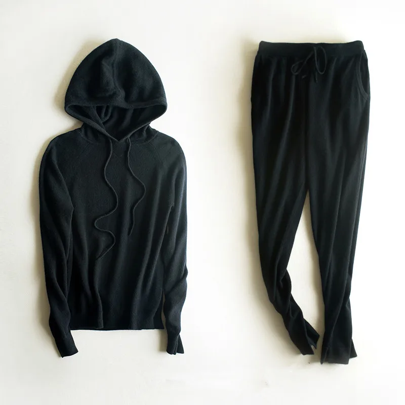 

top quality 100%goat cashmere women's hooded sweatshirts suits pullover coat harem pant 2pcs/set EU/M-L