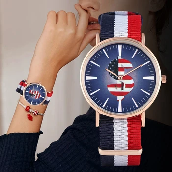 

Top American Flag Star Striped Print Theme Watch Women US Dollar Currency Symbol Female Wristwatch Nylon Canvas Band Time Clock