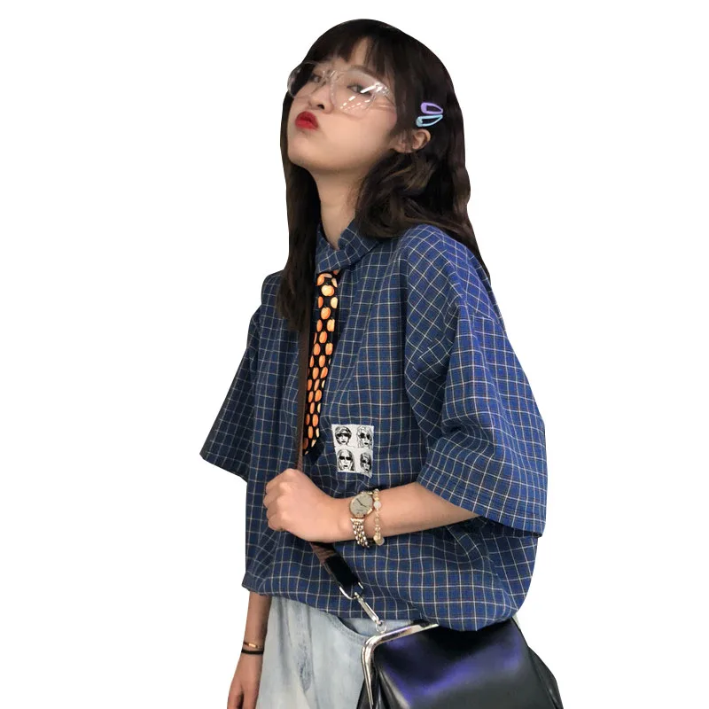 2 цвета Mihoshop Ulzzang Корейская женская модная одежда летняя с отворотом в клетку