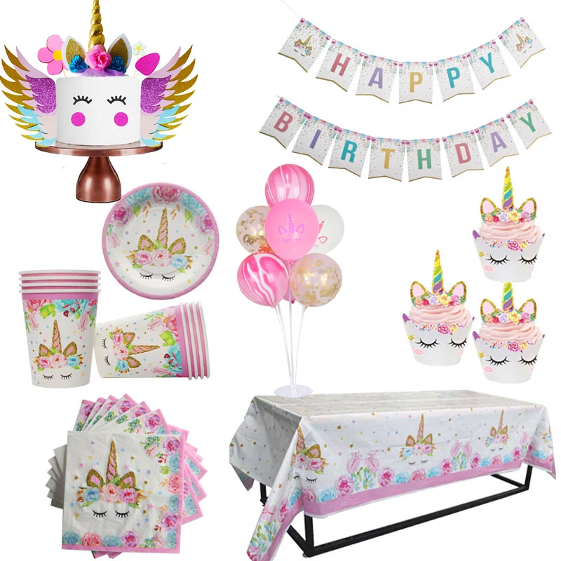 WEIGAO Unicorn Party Decor Birthday Latex Balloons Unicorn Theme Paper Hat Napkins Plate Table Cloth Kids Happy Birthday Gifts
