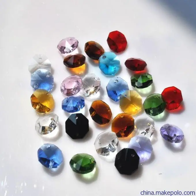 50pcs 14mm 2 Holes Octagon Crystal Glass Prism Decoration Beads Lots Mixed