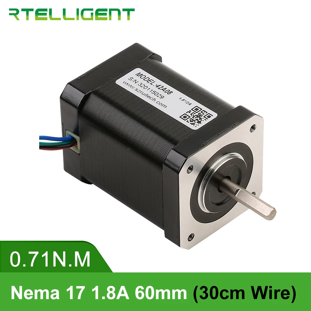 

Rtelligent Nema 17 Stepper Motor 42A08 60mm 71N.cm(100.5oz.in) Nema17 Motor 1.8A 4-lead 30cm Cable for 3D Printer CNC XYZ Motor