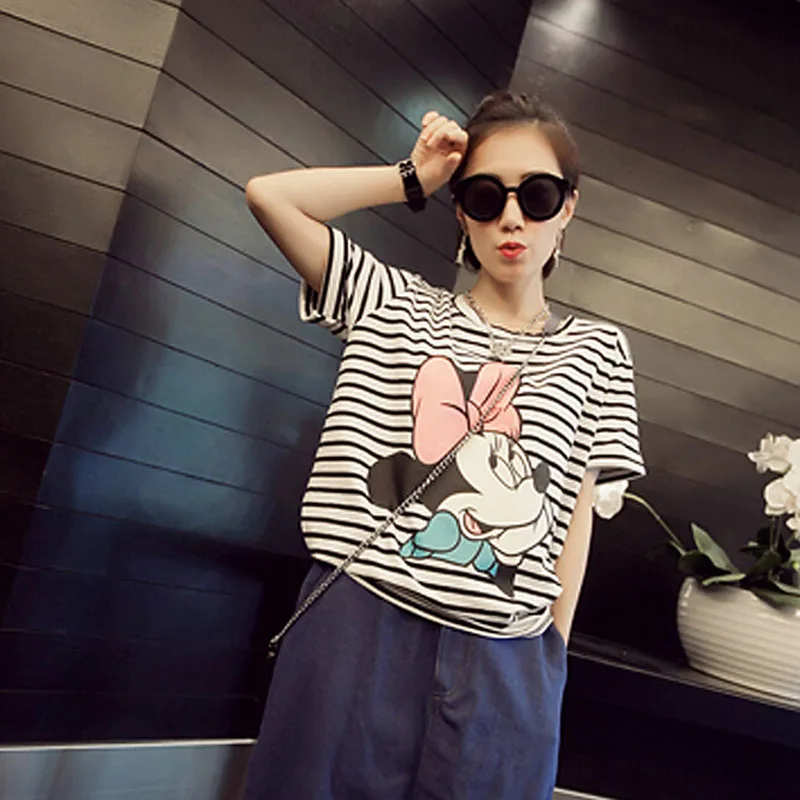 Camiseta de manga corta con estampado de Mickey para mujer, de verano, a la moda, de estilo informal, para mujer, de Color a rayas, Camisetas femeninas