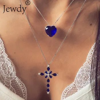 Multilayer Blue Crystal Heart Cross Pendant Necklace for Women Fashion Rhinestone Ocean Jewelry Choker Statement Valentine’s Day