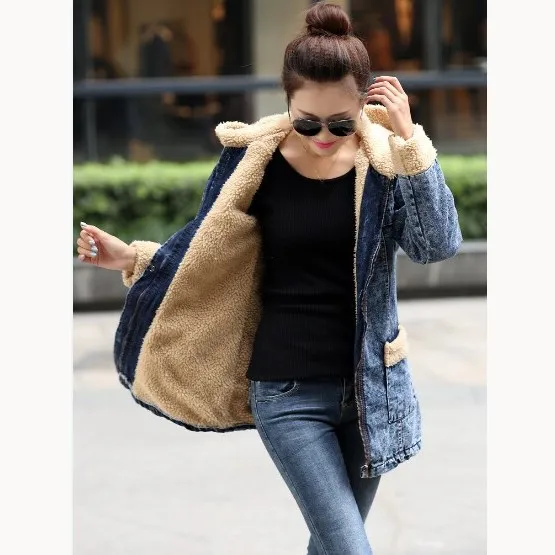 

Winter Women Denim Lamb Parkas Vintage Boyfriend Style Cotton Jean Jacket Solid Loose Thick Long Plus Size Coat