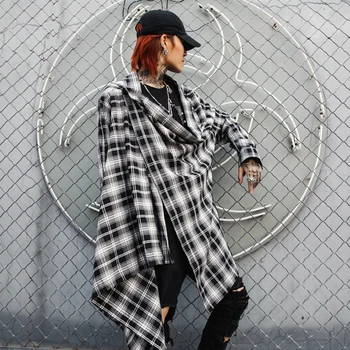 

Hip Hop Men‘s Long Plaid Tee Men Draping Shawl Cotton Long Sleeve Shirts Male Loose Outwear Coat tops Mens Stylist Costume
