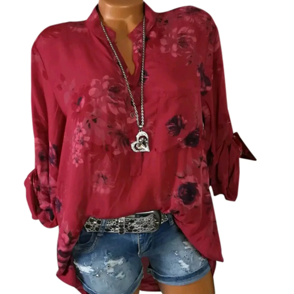 

JAYCOSIN Laamei 2019 Spring Summer Full V-Neck Women Blouse Floral Print Loose Shirts 5XL Plus Size Female Tops Blouse 521