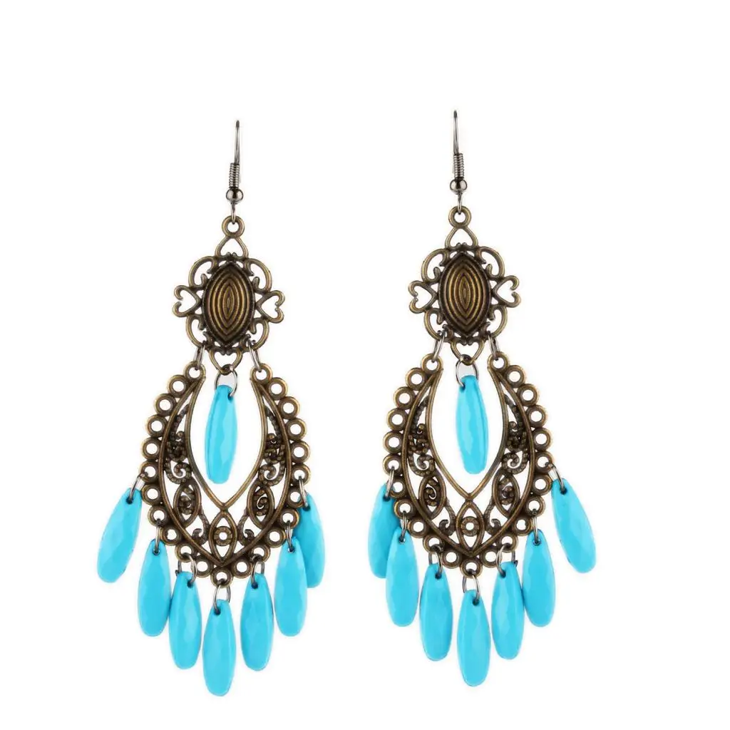Women Behomia Hollow Flower Alloy Hook Style Earringd Ethnic Odd Beads Drop Long Tassel Fringe Earrings 