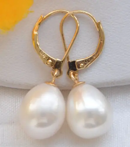

free shipping AAA 10-13MM WHITE DRIP SOUTH SEA PEARL DANGLE EARRING 14k/20 GOLD