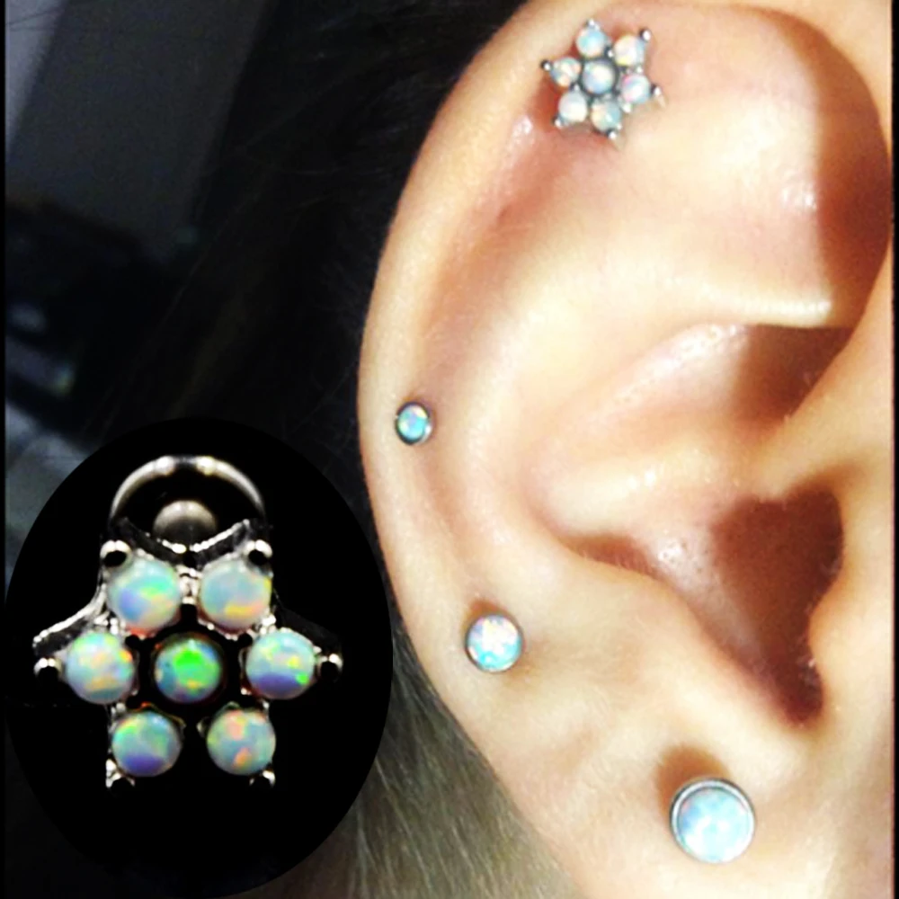 1pcs 16G Flower Opal Gem Labret Monroe Lip Ring Ear Tragus Studs