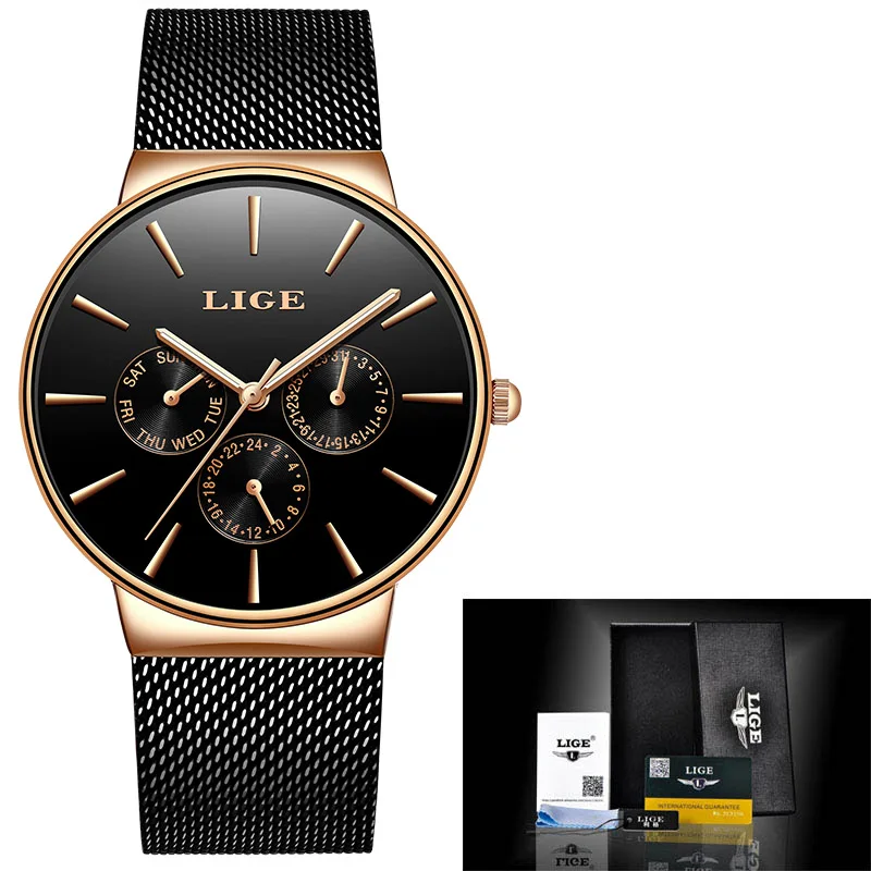 Новинка, LIGE, полностью синие женские часы, Бизнес Кварцевые часы для девушек, Лидирующий бренд, роскошные женские наручные часы, женские часы, Relogio Feminin - Цвет: black rose gold