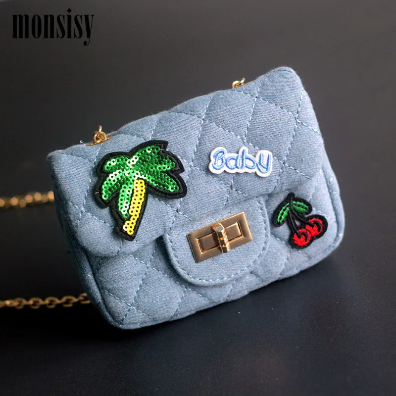 Monsisy Denim Girl Handbag Kid Shoulder Bag Children Wallet Baby Coin Purse Kawaii Small Embroidery badge Diamond Lattice |