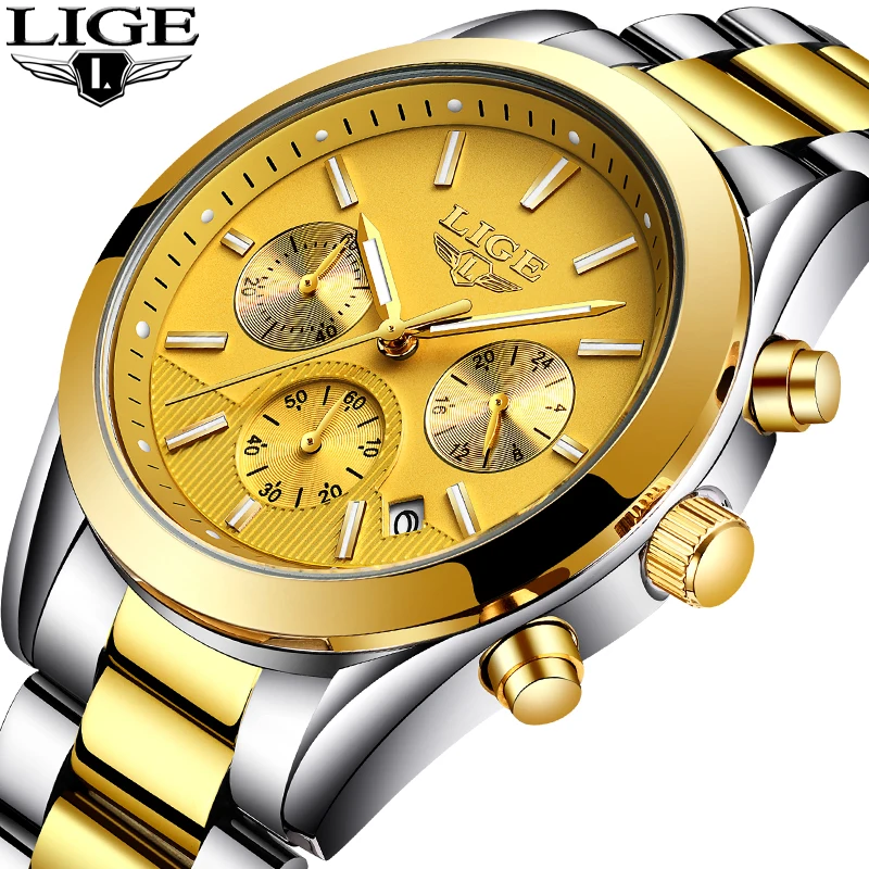 LIGE Luxury Men's Watch Brand Full Steel Gold Quartz Watches Men