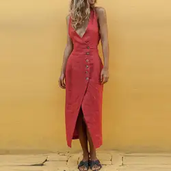 2019 модное летнее женское платье-макси цельное без рукавов с v-образным вырезом Макси пуговицы хлопок свободное нарядное платье женское