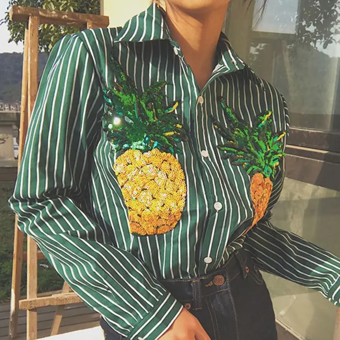 New arrival women green striped blouse turn down collar long sleeved