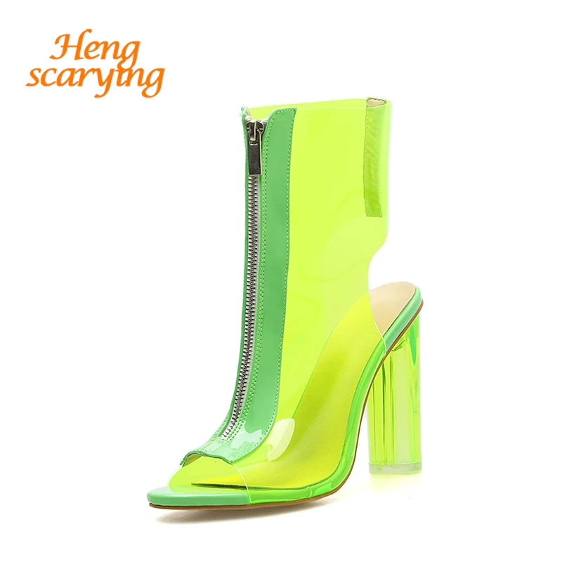 

2019 Summer Women Peep Toe Neon Sandals Boots Zippers Sandals Designer Round High Heels Gladiator Boots Sandals Plus Size Shoes