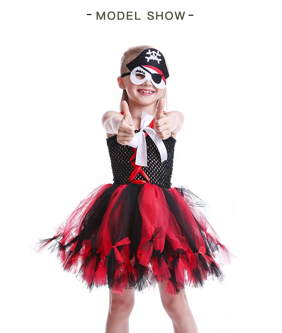 Girls Pirate Wench Tutu Dress with Skull Mask Petti Style Fluffy Halloween Tulle Dress Kids Fancy Photography Prop Dress Up (5)