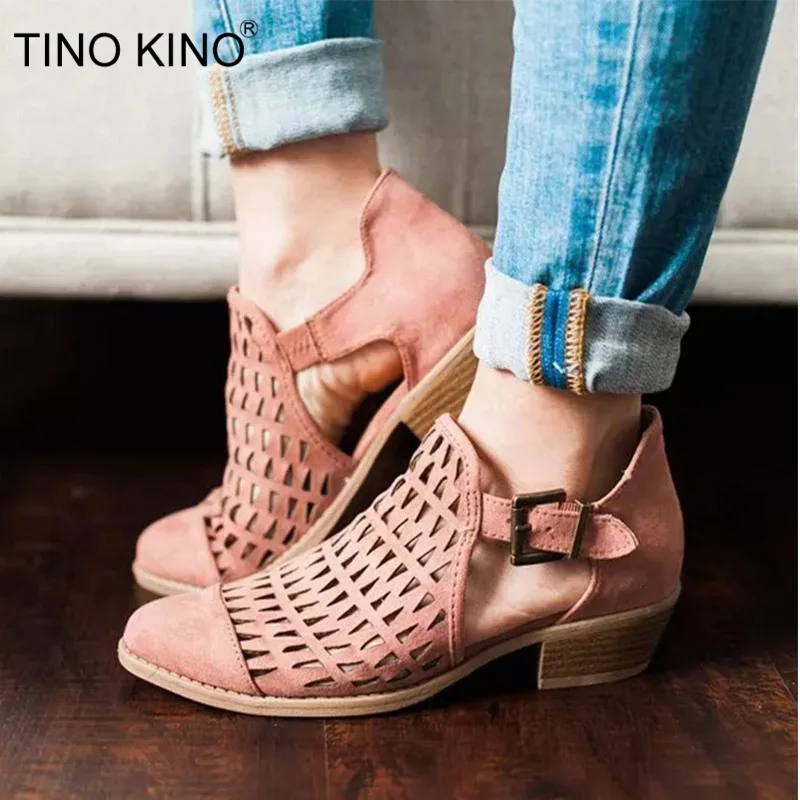 

TINO KINO Summer Women Buckle Strap Retro Ankle Boots Female Hollow Out Casual Thick Low Heels Ladies Fashion Breathable Shoes