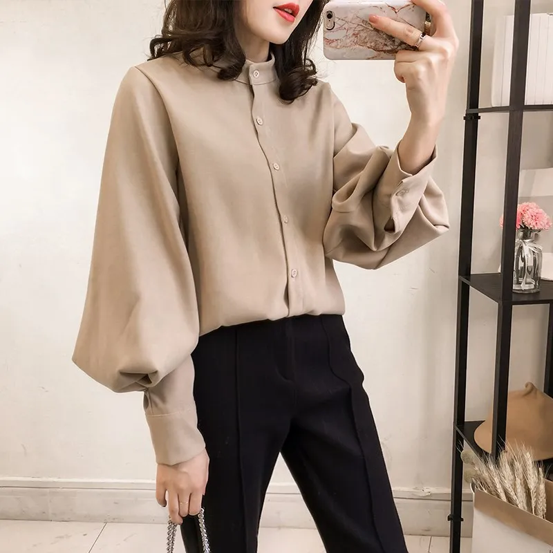 

Fashion 2019 Women Solid High Neck Casual Blouses Office Lady Lantern Sleeve Temperament Shirt Simple Button Plus Size Tops