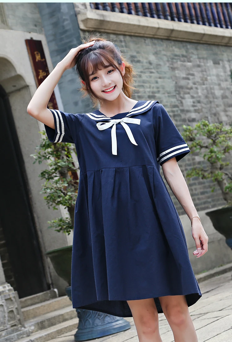 

Japan Korean School Sailor Collar Uniform Student Ribbon Bow Embroidery Cat Kawaii Lolita Mori Soft Girl Oversized Linen Dress
