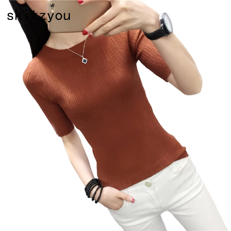

skitzyou Bottoming T Shirt Women Summer Slim Knitted O Neck Casual Short Black Tees Elastic Female Skinny Tops Gray Crop Top New