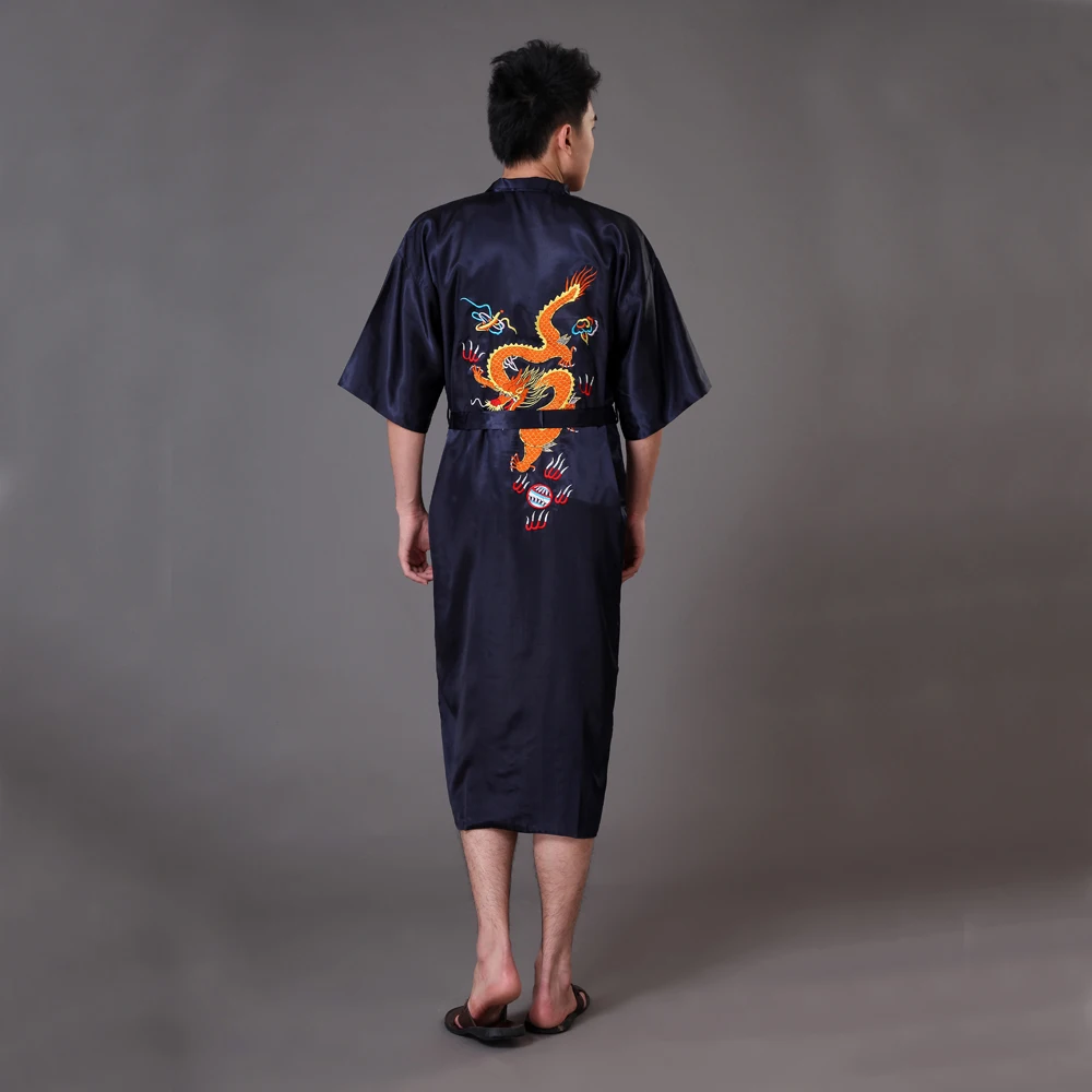 

Embroidery Dragon Black Traditional Chinese Men's Robe Silk Satin Sleepwear Kimono Yukata Bath Gown Pajamas S M L XL XXL MR021
