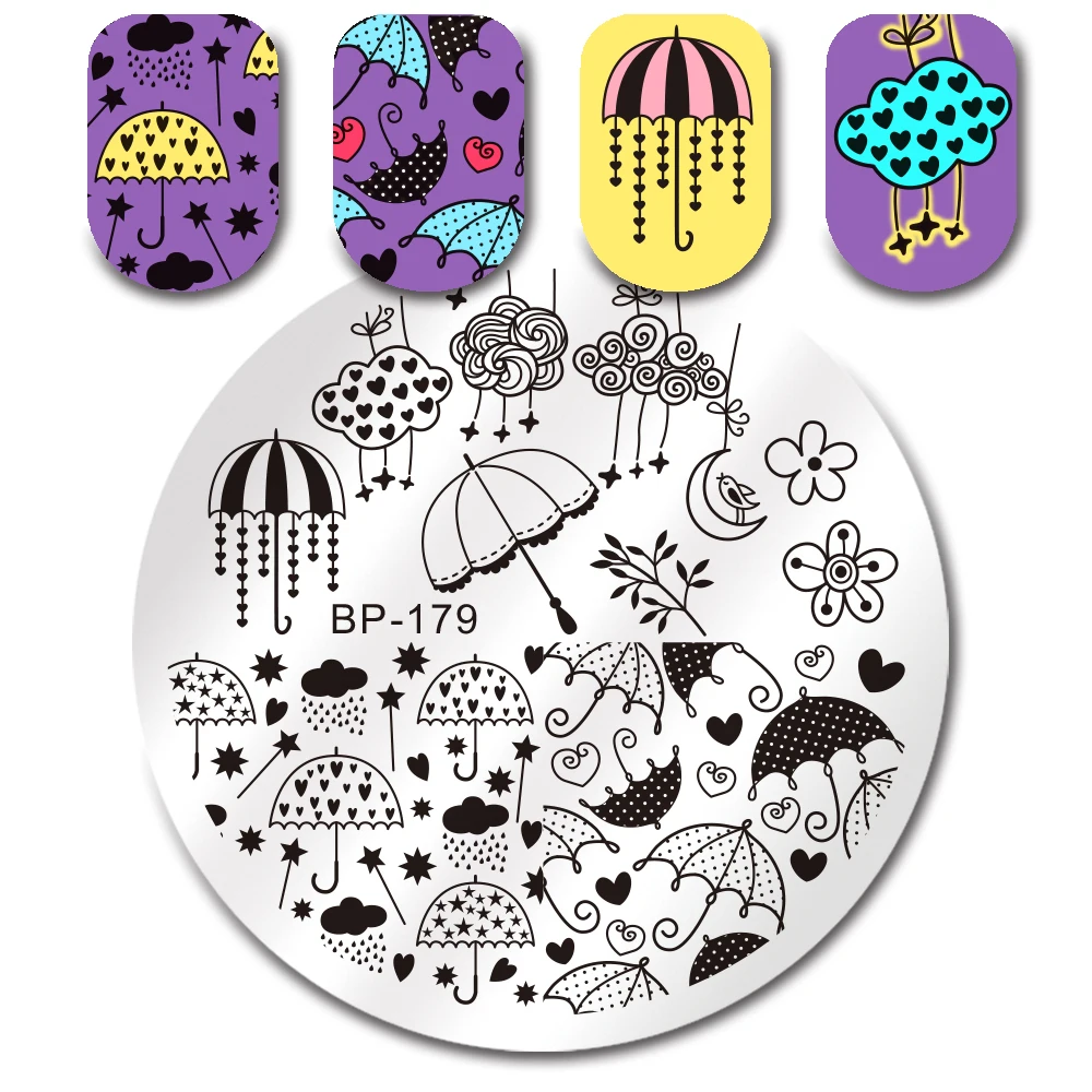 

BORN PRETTY Round Umbrella Clouds Star Nail Stamping Plate Decorations DIY Image Template Manicure Plate Stencil Tools