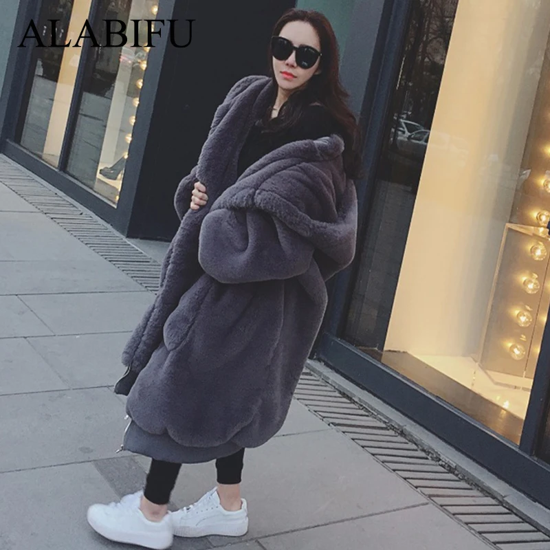 ALABIFU Winter Faux Fur Coat Women 2018 Long Warm Faux Fur Jacket Coat Casual Hoodies Loose Pocket Coat Outwear casaco feminino