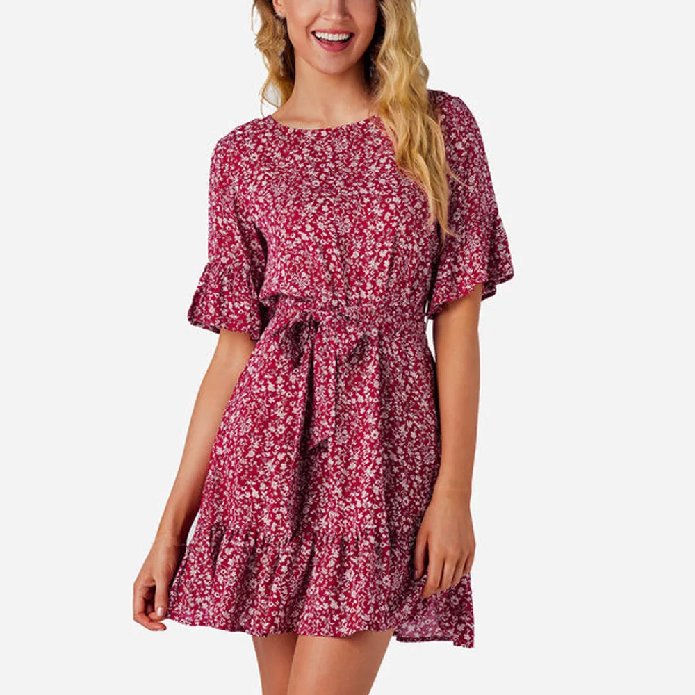 Buy women vintage Print Bow Butterfly Sleeve dress
