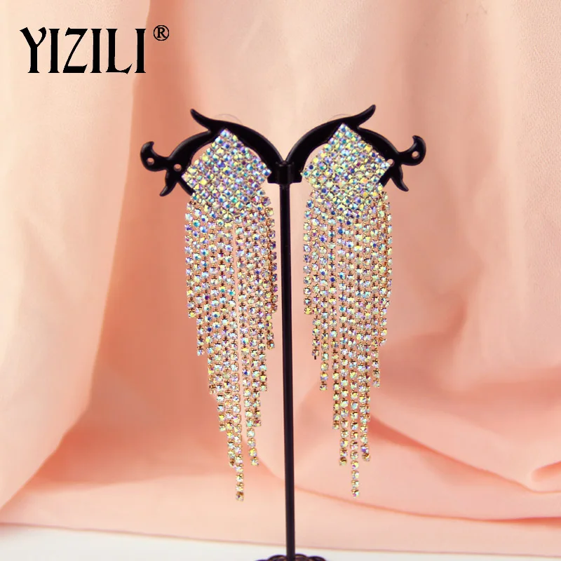 YIZILI, новинка, квадратная цепочка, серьги с кристаллами, блестящая кисточка, бардианские серьги для женщин, для вечеринки, банкета, свадьбы, невесты, ювелирное изделие E048 - Окраска металла: colour Rhinestone