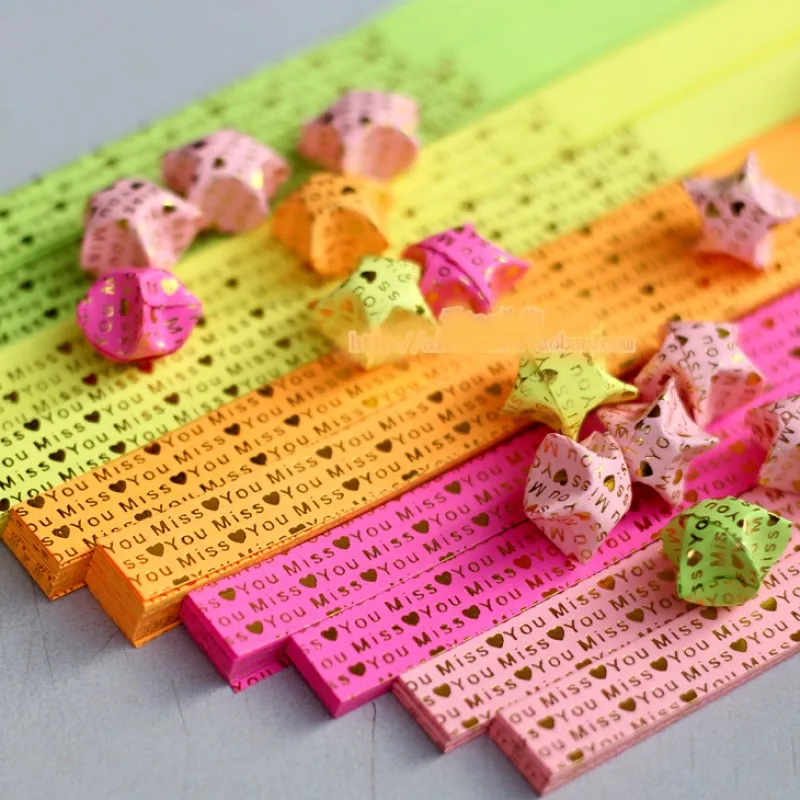 

wholesale 50pcs handcraft origami lucky star paper strips quilling printed "miss you" mix color home wedding decoration DIY