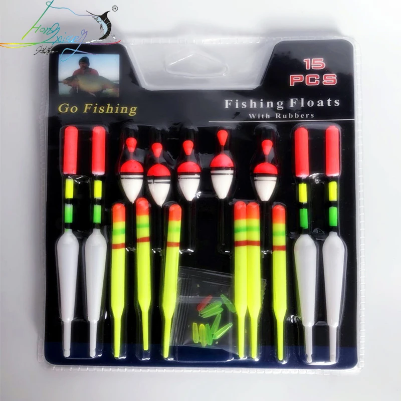 

1 set (15Pcs) Vertical Buoy Sea Fishing Floats Assorted Size for Most Type of Angling with Attachment Rubbers Fishing Lures